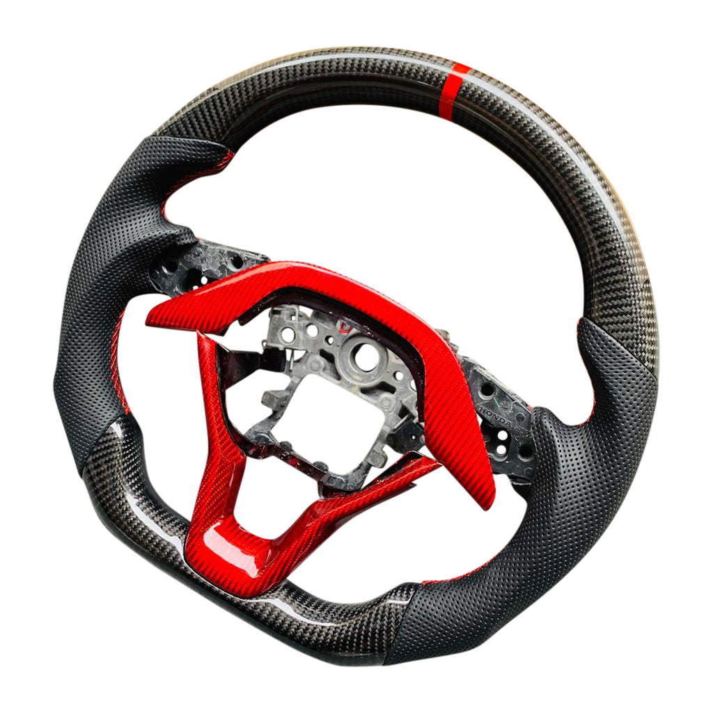 Red Trim Black Leather Carbon Fiber Steering Wheel Civic/Accord