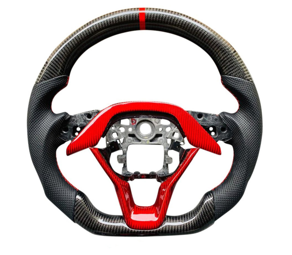 Red Trim Black Leather Carbon Fiber Steering Wheel Civic/Accord
