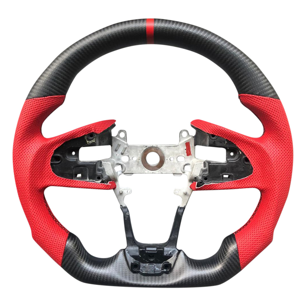 Red Leather Matte Carbon Fiber Steering Wheel 2016+ Honda Civic