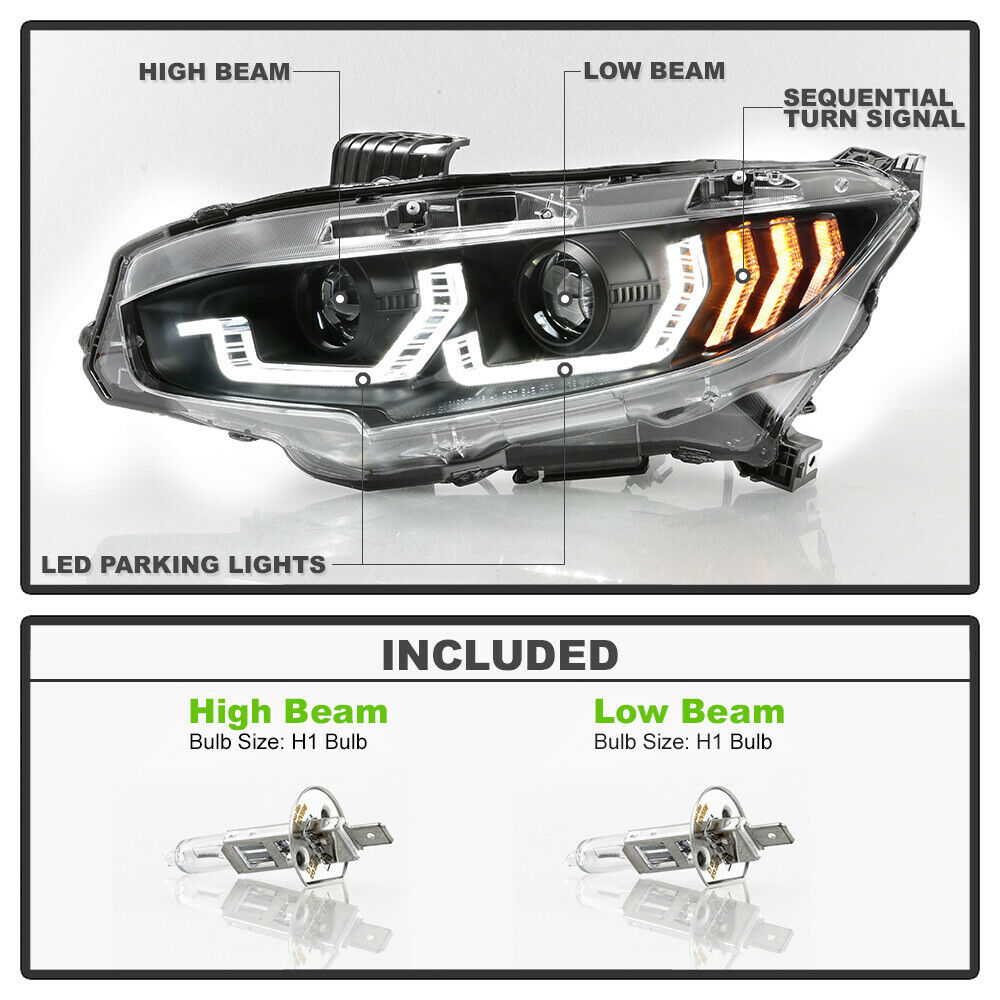 Black LED Tube Sequential Projector Headlights 2016+ Honda Civic