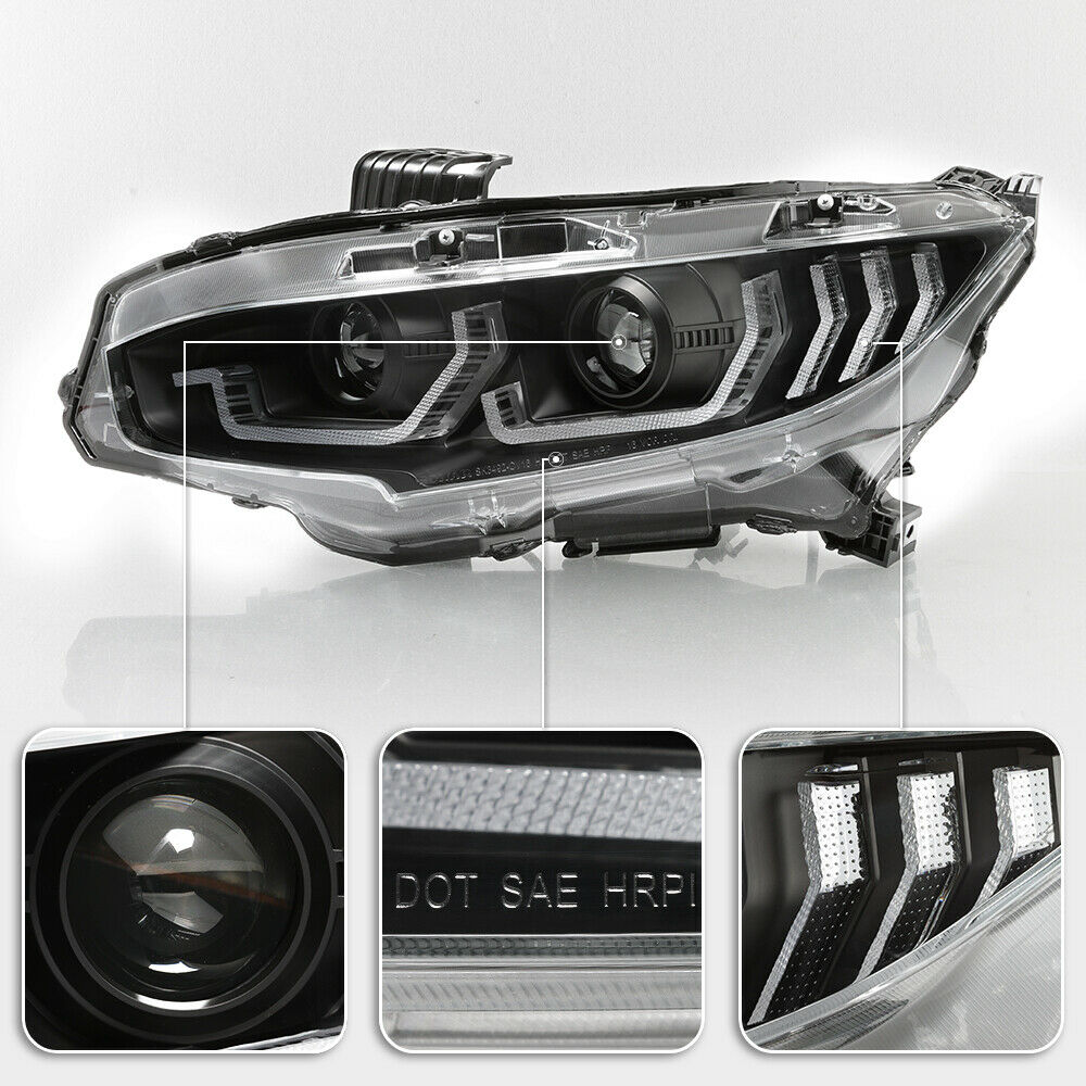 Black LED Tube Sequential Projector Headlights 2016+ Honda Civic