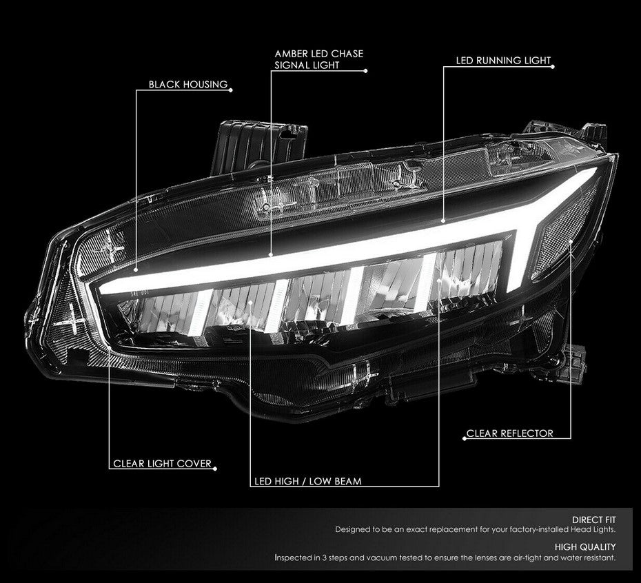 Huracan Style LED DRL+SEQUENTIAL Headlight 2016+ Honda Civic