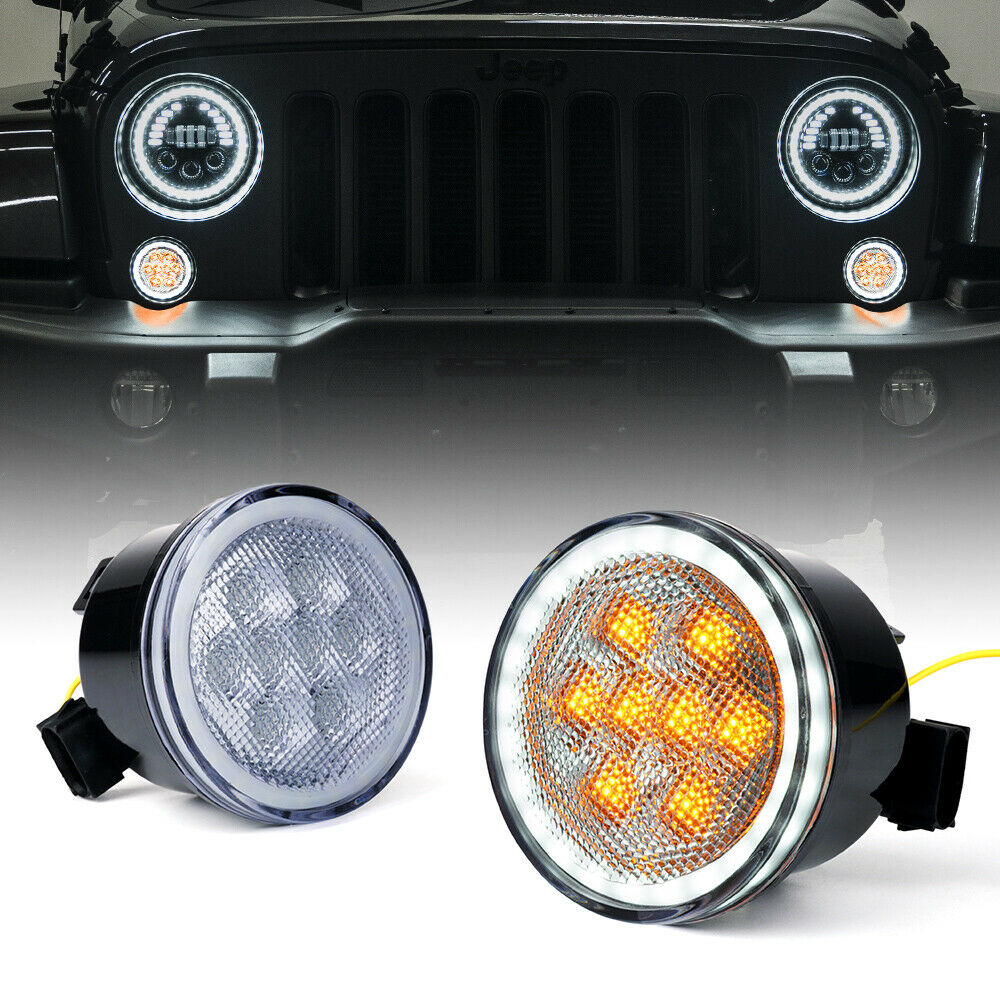Front LED Turn Signal Lights w/ Halo DRL 2007-2018 Jeep Wrangler JK