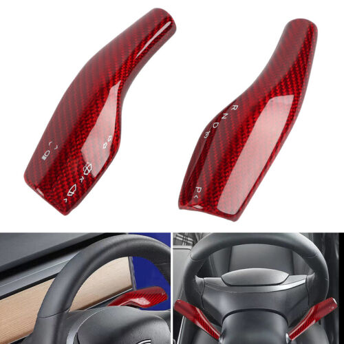 Real Carbon Fiber Red Steering Wheel Paddle Shift Trim Cover 2017+ Tesla Model 3-Y